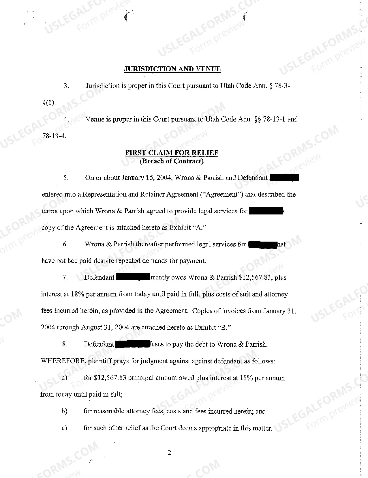 Preview A01 Complaint - Breach of Contract to Pay Attorney's Fees