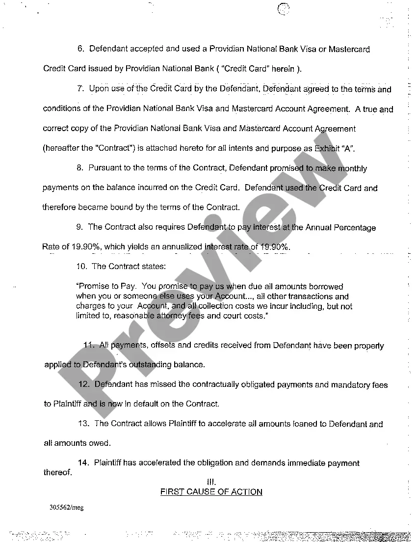Get A01 Complaint - Breach of Credit Card Contract, Quantum Meruit, and Promissory Estoppels Preview A01 Complaint - Breach of Credit Card Contract, Quantum Meruit, and Promissory Estoppels