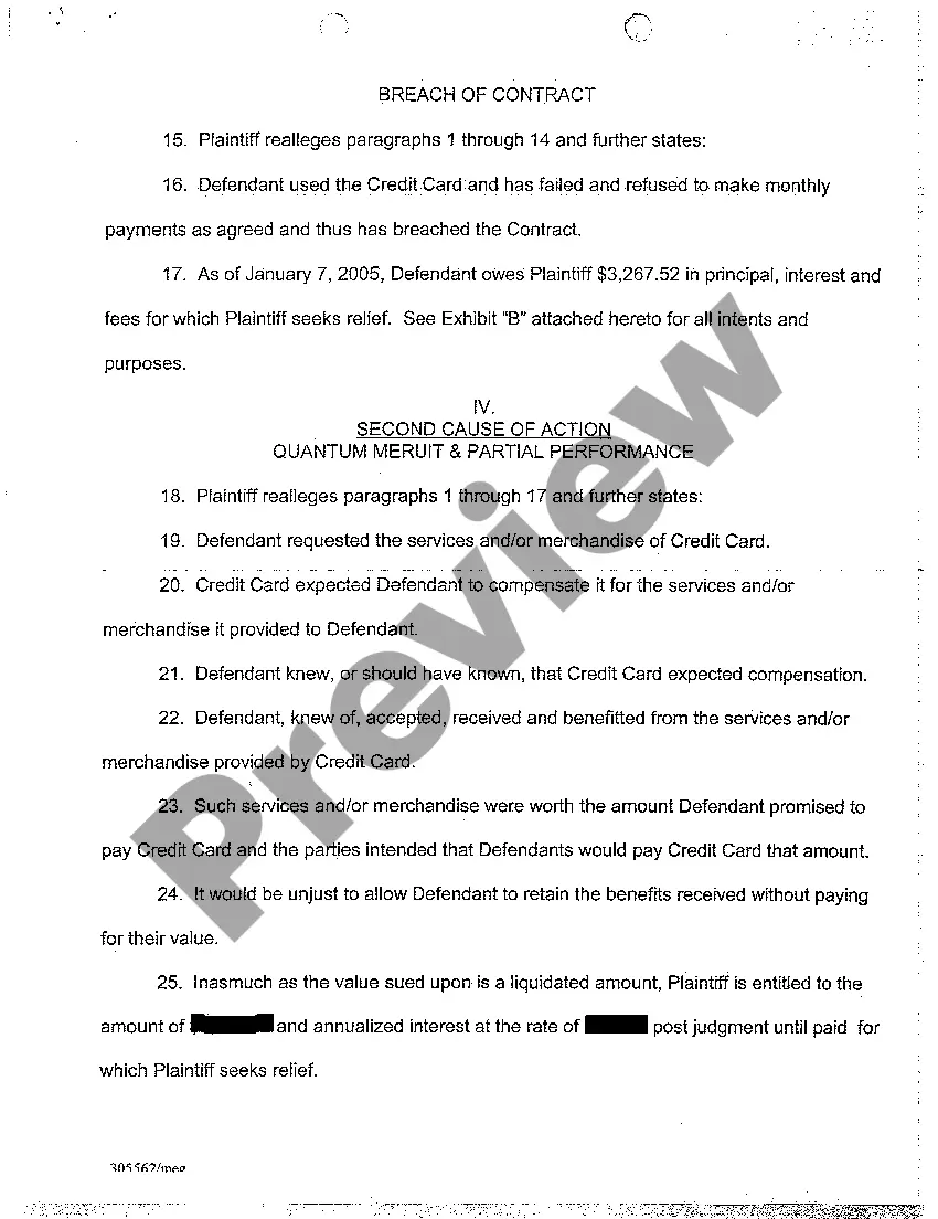 Get A01 Complaint - Breach of Credit Card Contract, Quantum Meruit, and Promissory Estoppels Preview A01 Complaint - Breach of Credit Card Contract, Quantum Meruit, and Promissory Estoppels