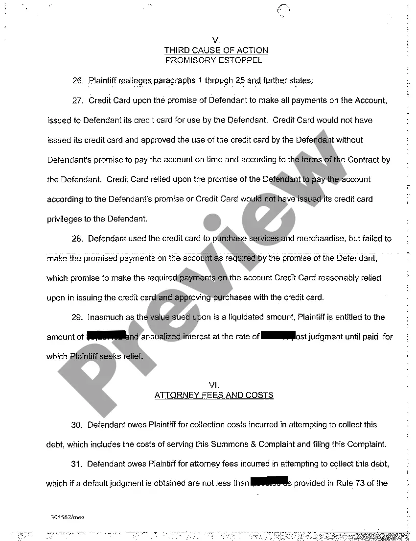 Get A01 Complaint - Breach of Credit Card Contract, Quantum Meruit, and Promissory Estoppels Preview A01 Complaint - Breach of Credit Card Contract, Quantum Meruit, and Promissory Estoppels