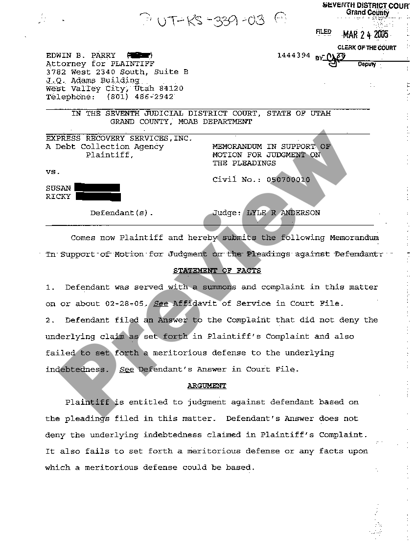 Utah Memorandum in Support of Motion for Judgment on the Pleading US