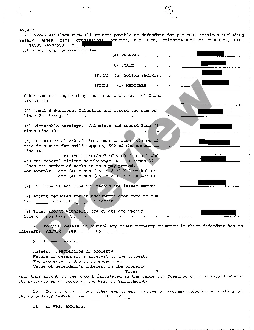 Preview A04 Garnishee's Answers to Interrogatories for Continuing Garnishment