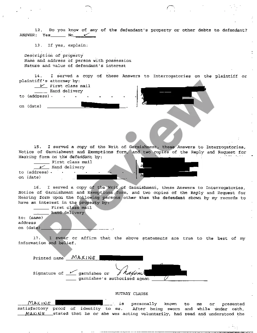 Preview A04 Garnishee's Answers to Interrogatories for Continuing Garnishment