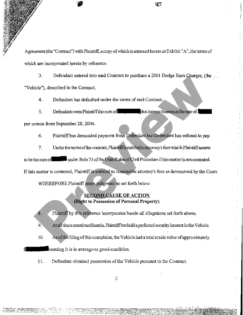 Preview Complaint - Breach of Contract for Sale of Vehicle