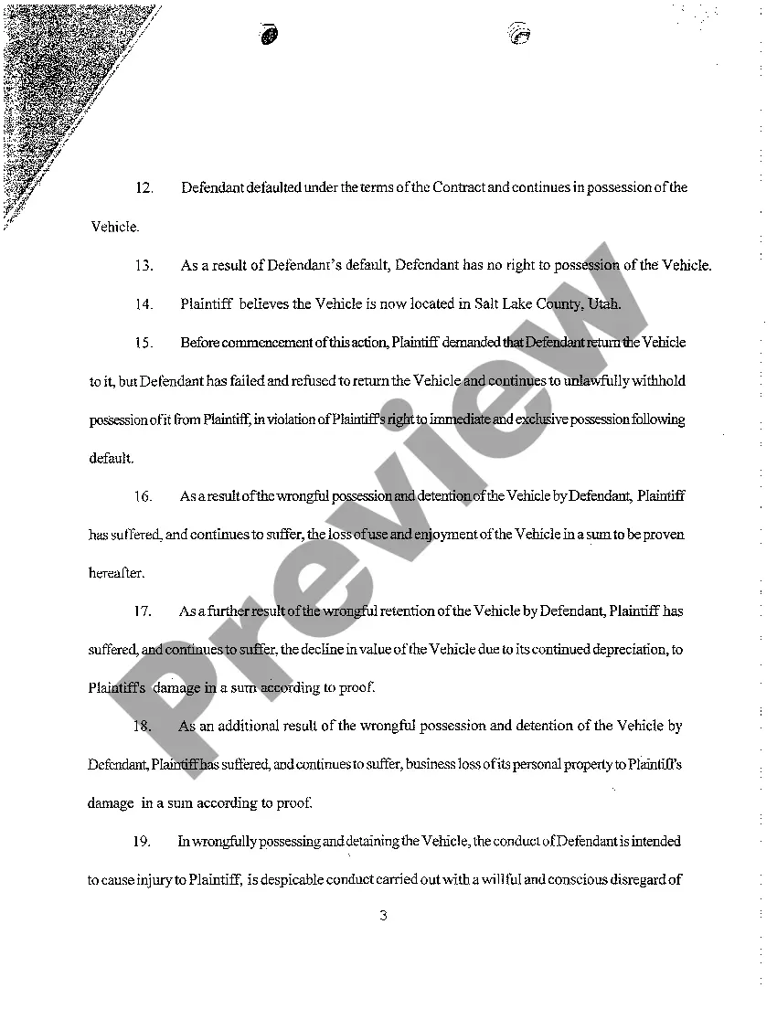 Preview Complaint - Breach of Contract for Sale of Vehicle