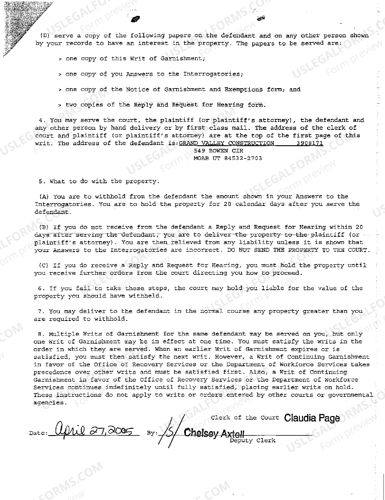 Utah Writ of Garnishment and Instructions Writ Of Garnishment Utah