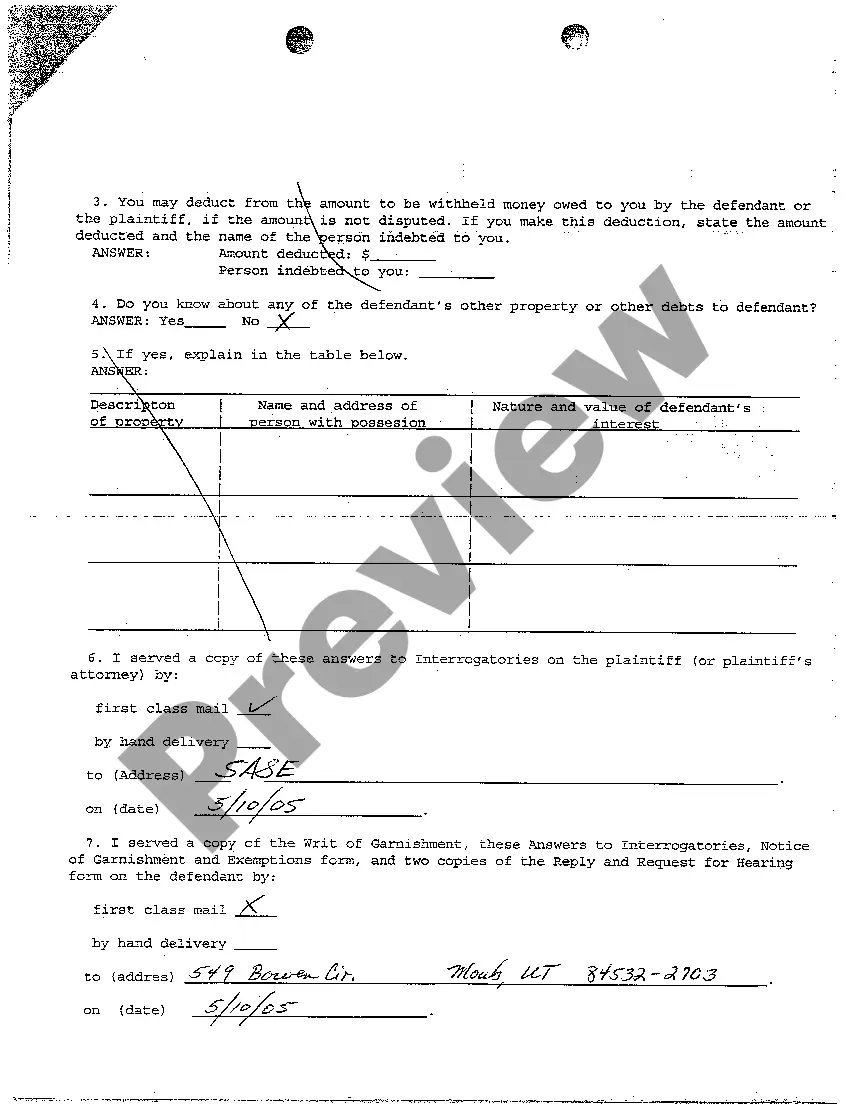 Preview A03 Garnishee's Answer to Interrogatories for Property other than Earnings