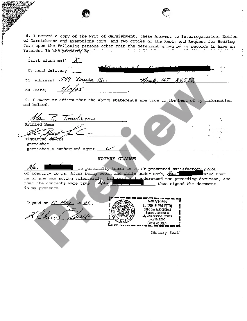 Preview A03 Garnishee's Answer to Interrogatories for Property other than Earnings