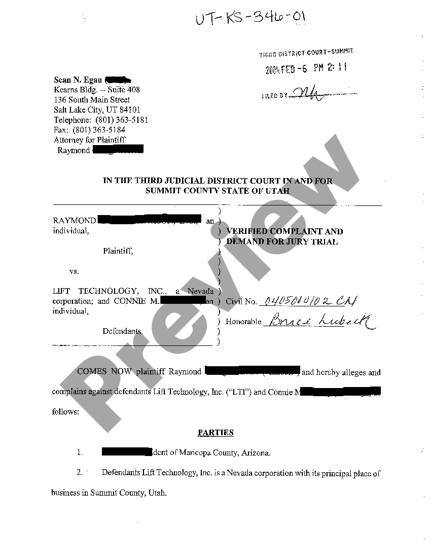 Utah Verified Complaint Declaratory Judgment, Breach of Contract and