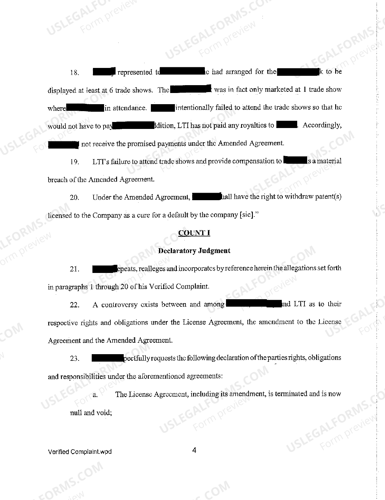 Utah Verified Complaint Declaratory Judgment, Breach of Contract and