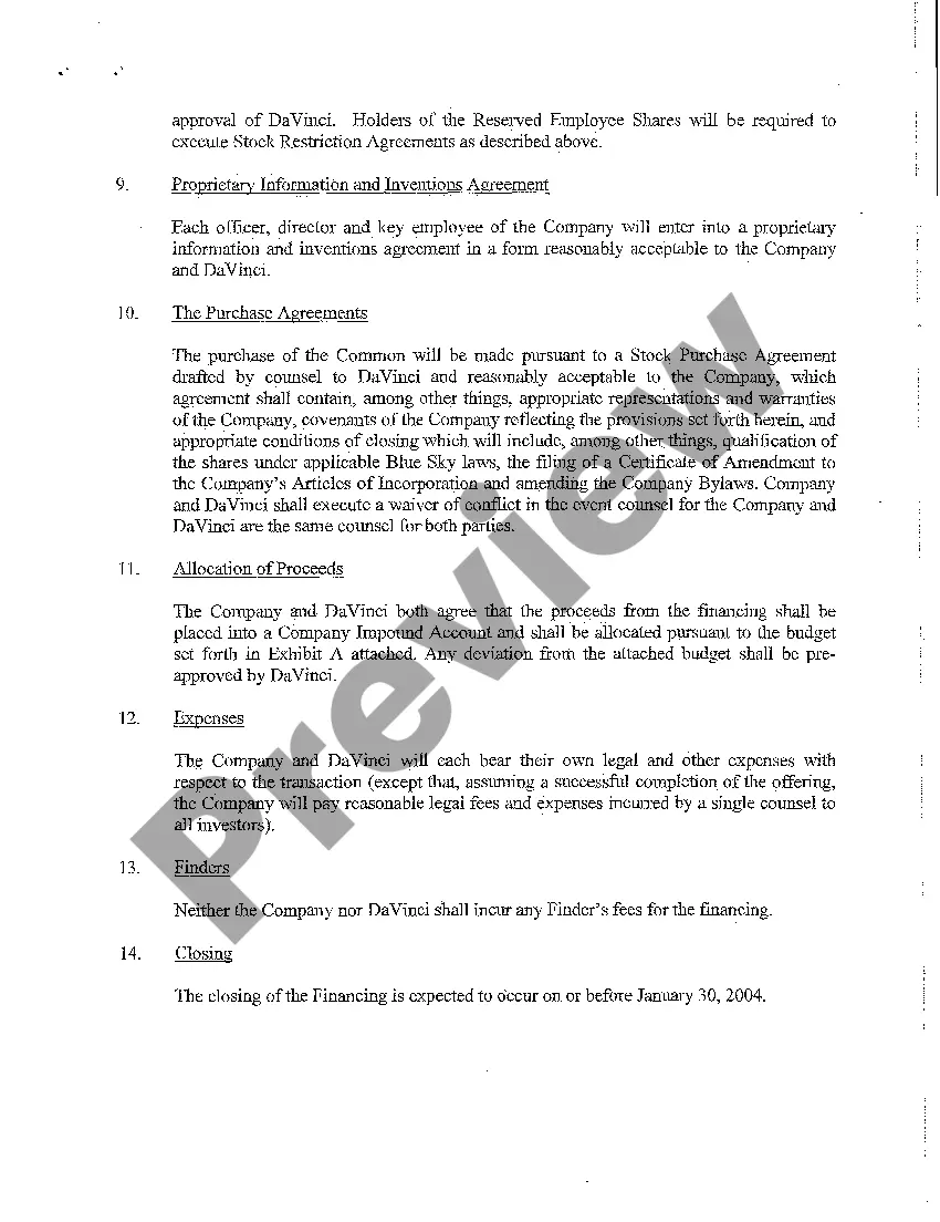 Preview A08 Memorandum of Terms for Private Placement of Equity Securities in Defendant