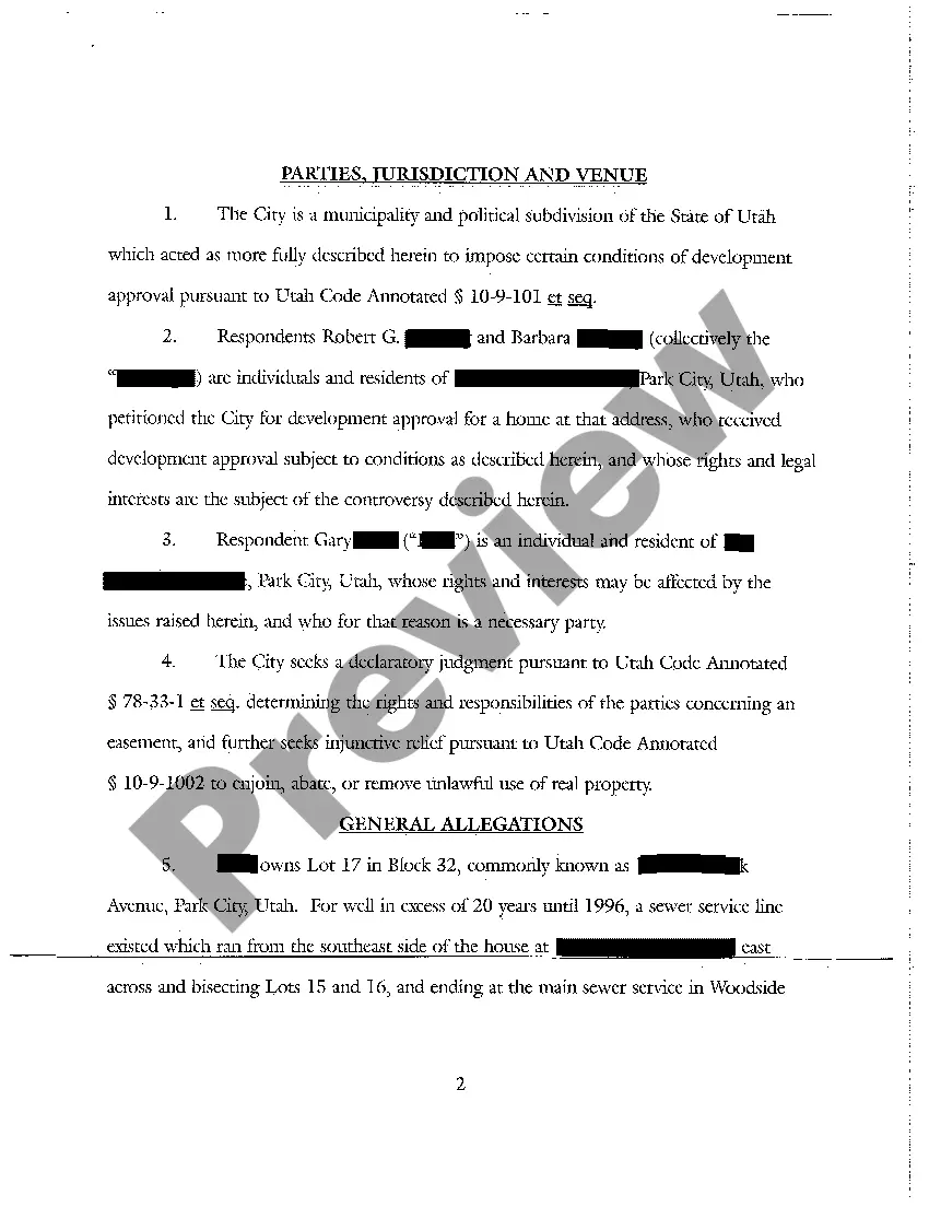 Preview A02 Petition For Declaratory and Injunctive Relief Declaring Prescriptive Easement on Residential Lots by Municipality