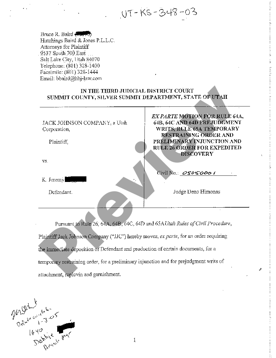 Salt Lake City Utah Ex Parte Motion For Prejudgment Writs Temporary salt-lake-city-utah-ex-parte-motion-for-prejudgment-writs-temporary
