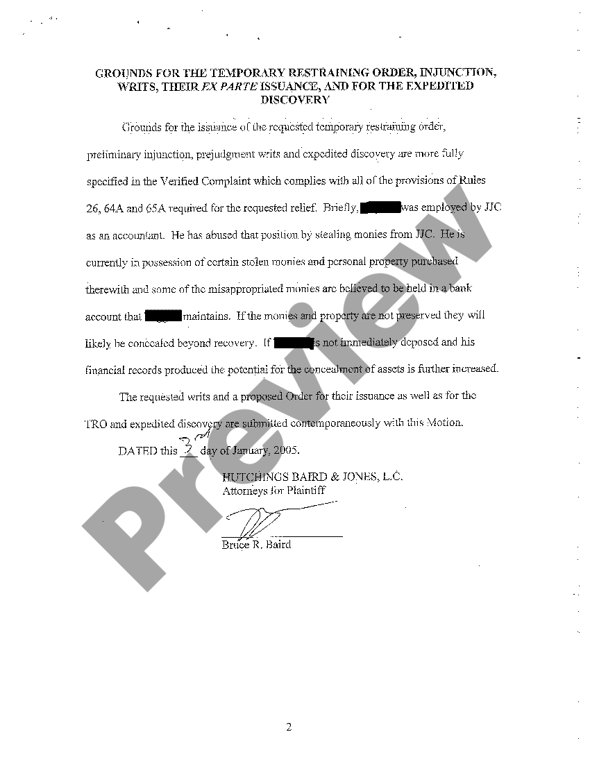 Salt Lake City Utah Ex Parte Motion For Prejudgment Writs, Temporary