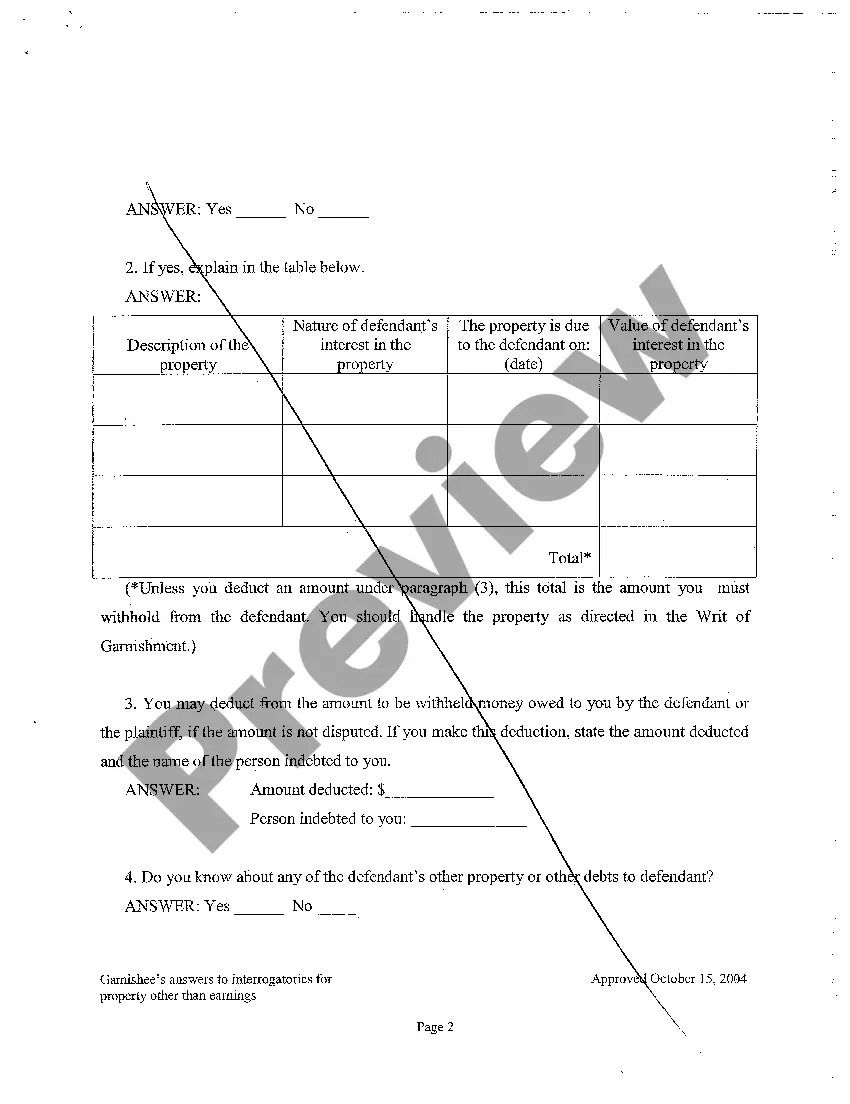 Preview A06 Garnishee's Answers to Interrogatories for Property Other than Earning