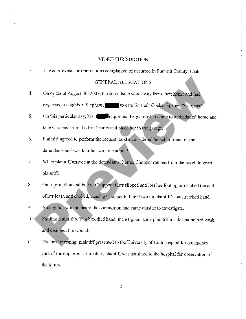Preview A01 Complaint - Negligence in Caring for Domestic Animal Resulting in Personal Injury