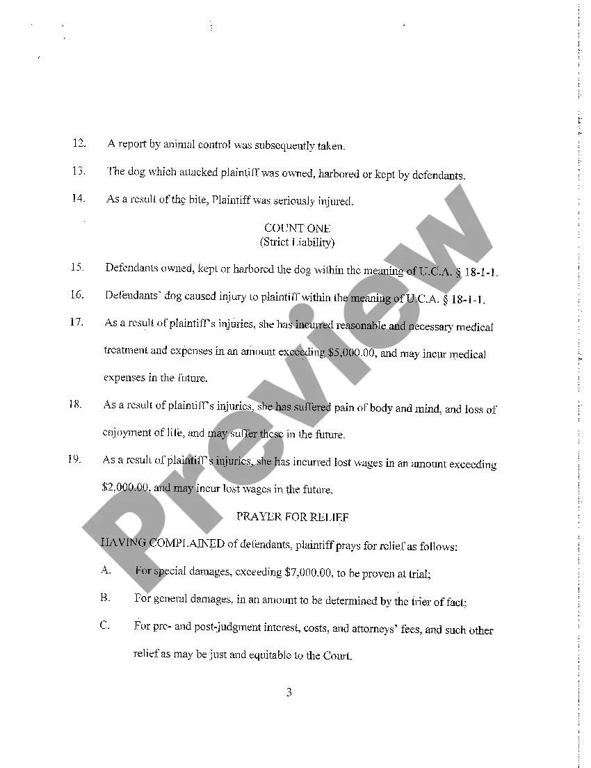 Preview A01 Complaint - Negligence in Caring for Domestic Animal Resulting in Personal Injury