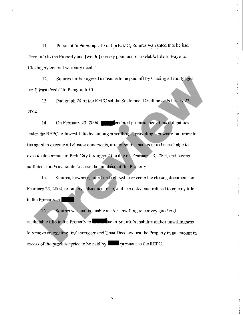 Preview A01 Complaint - Breach of Contract and Warrant of Clear Title regarding Purchase Contract