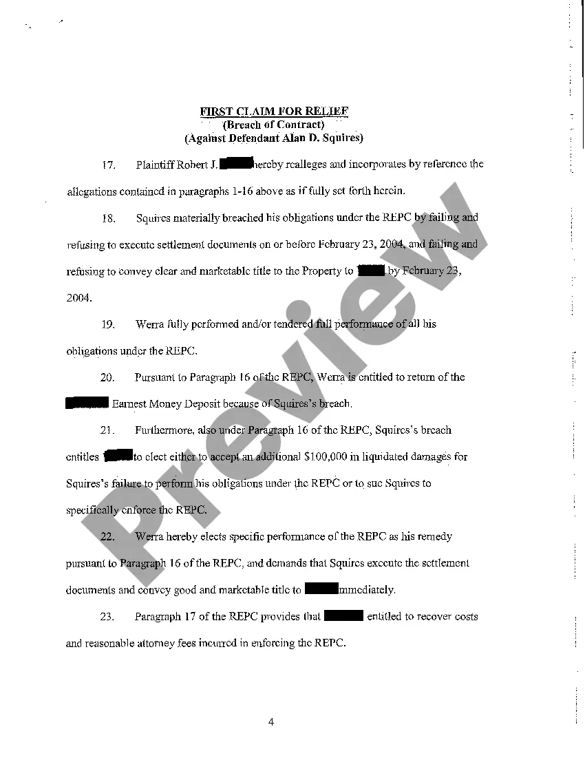 Preview A01 Complaint - Breach of Contract and Warrant of Clear Title regarding Purchase Contract