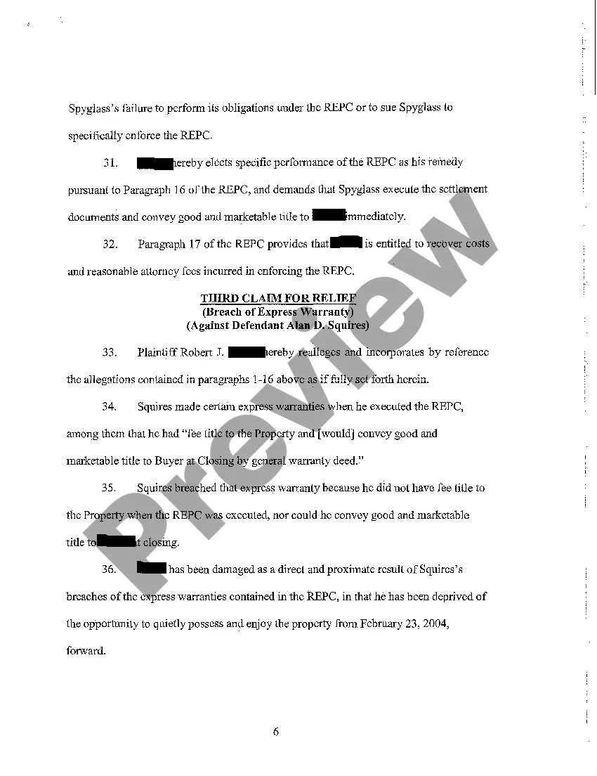 Preview A01 Complaint - Breach of Contract and Warrant of Clear Title regarding Purchase Contract