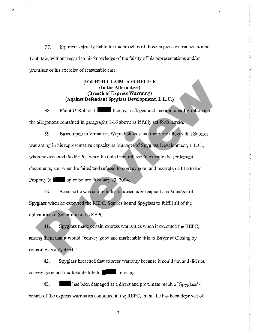 Preview A01 Complaint - Breach of Contract and Warrant of Clear Title regarding Purchase Contract