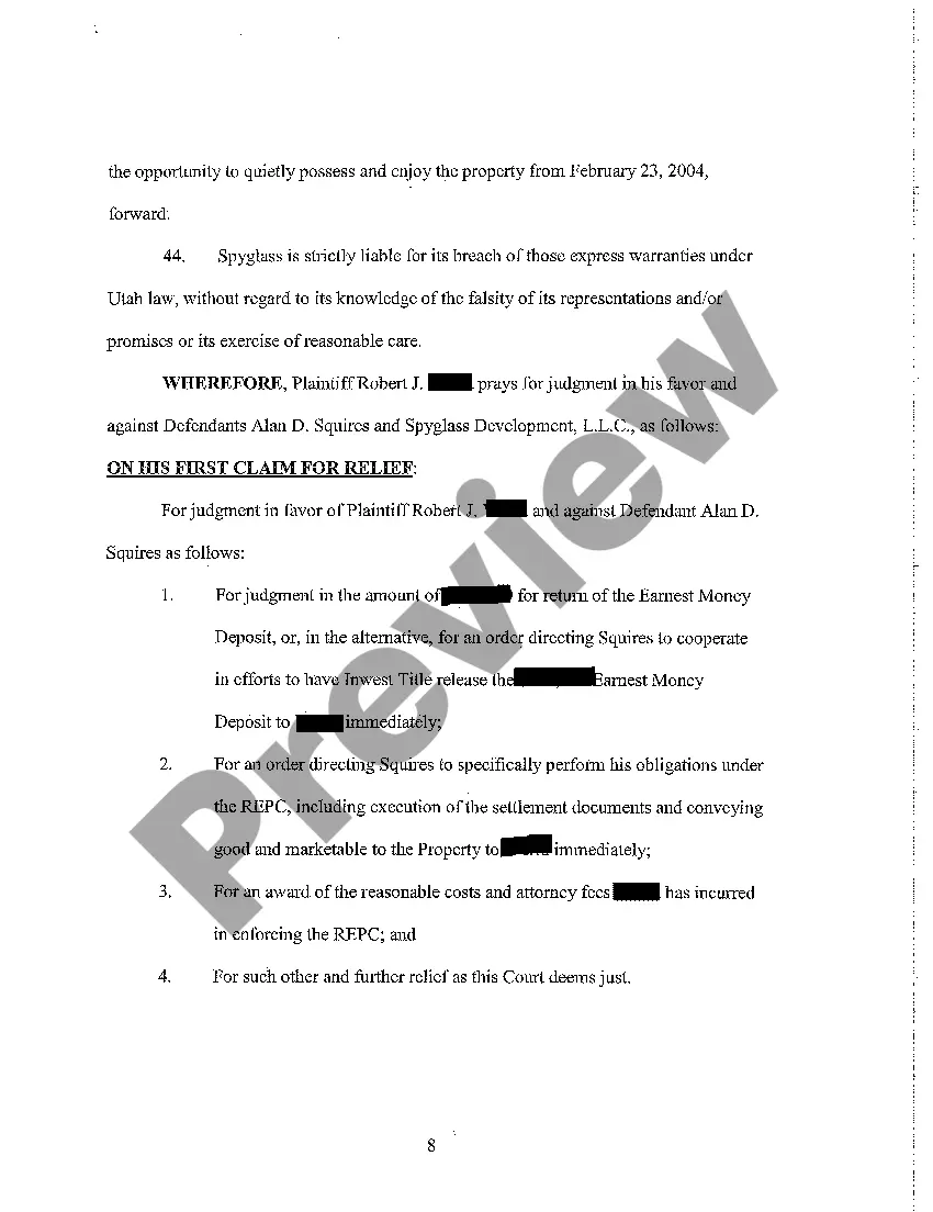 Preview A01 Complaint - Breach of Contract and Warrant of Clear Title regarding Purchase Contract