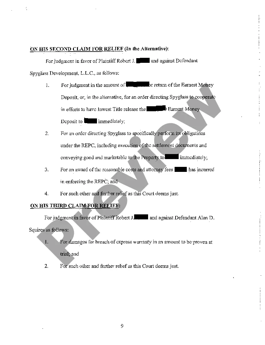 Preview A01 Complaint - Breach of Contract and Warrant of Clear Title regarding Purchase Contract