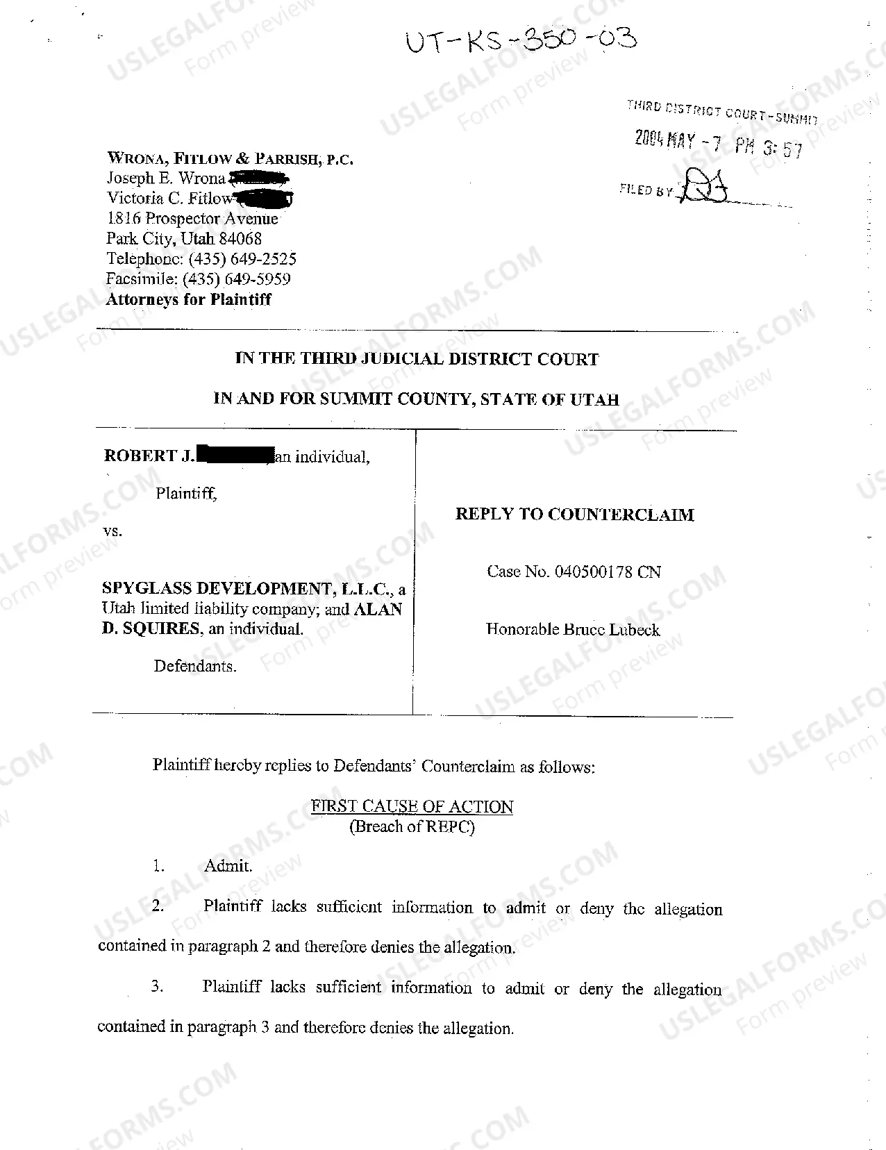 Provo Utah Reply To Counterclaim | US Legal Forms