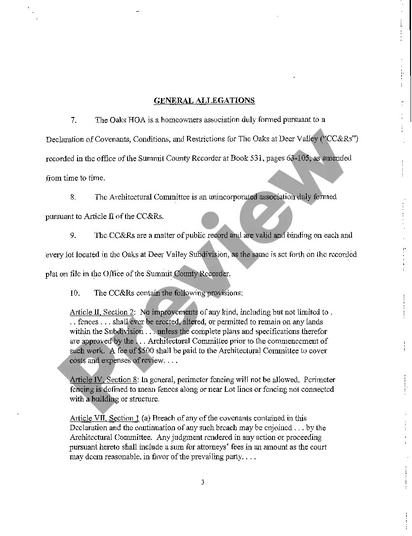 Preview A01 Complaint - Mandatory Injunction Nuisance, Breach of Homeowner's Association Covenants regarding construction of fence