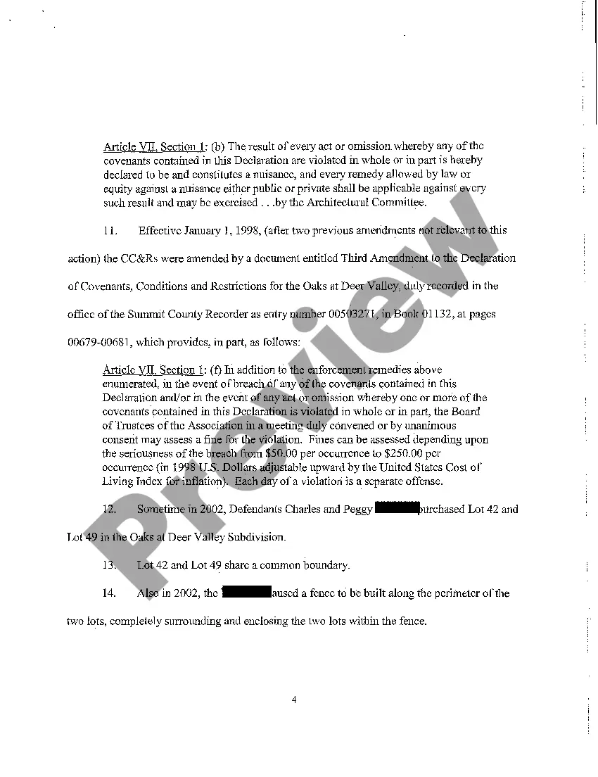 Preview A01 Complaint - Mandatory Injunction Nuisance, Breach of Homeowner's Association Covenants regarding construction of fence