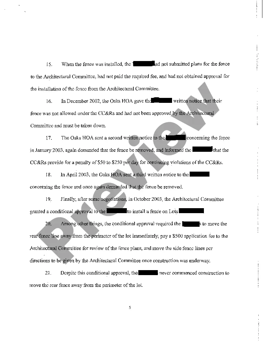 Preview A01 Complaint - Mandatory Injunction Nuisance, Breach of Homeowner's Association Covenants regarding construction of fence