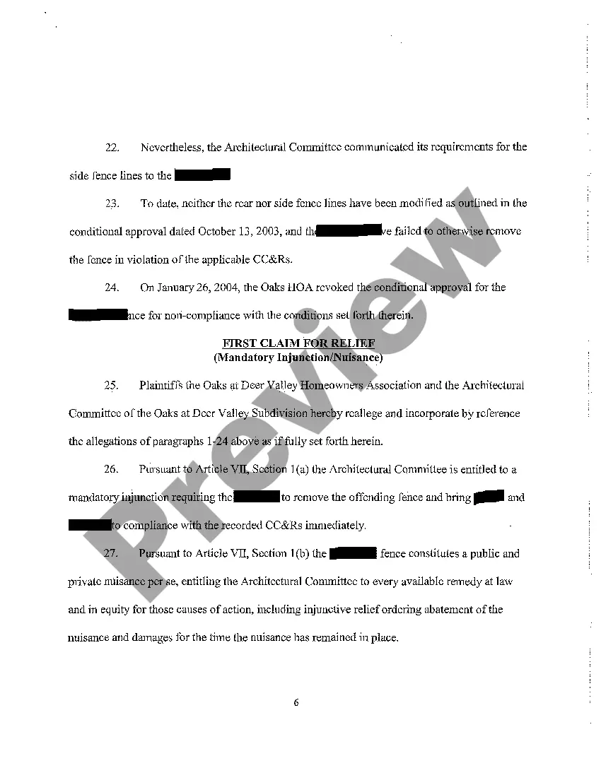 Preview A01 Complaint - Mandatory Injunction Nuisance, Breach of Homeowner's Association Covenants regarding construction of fence