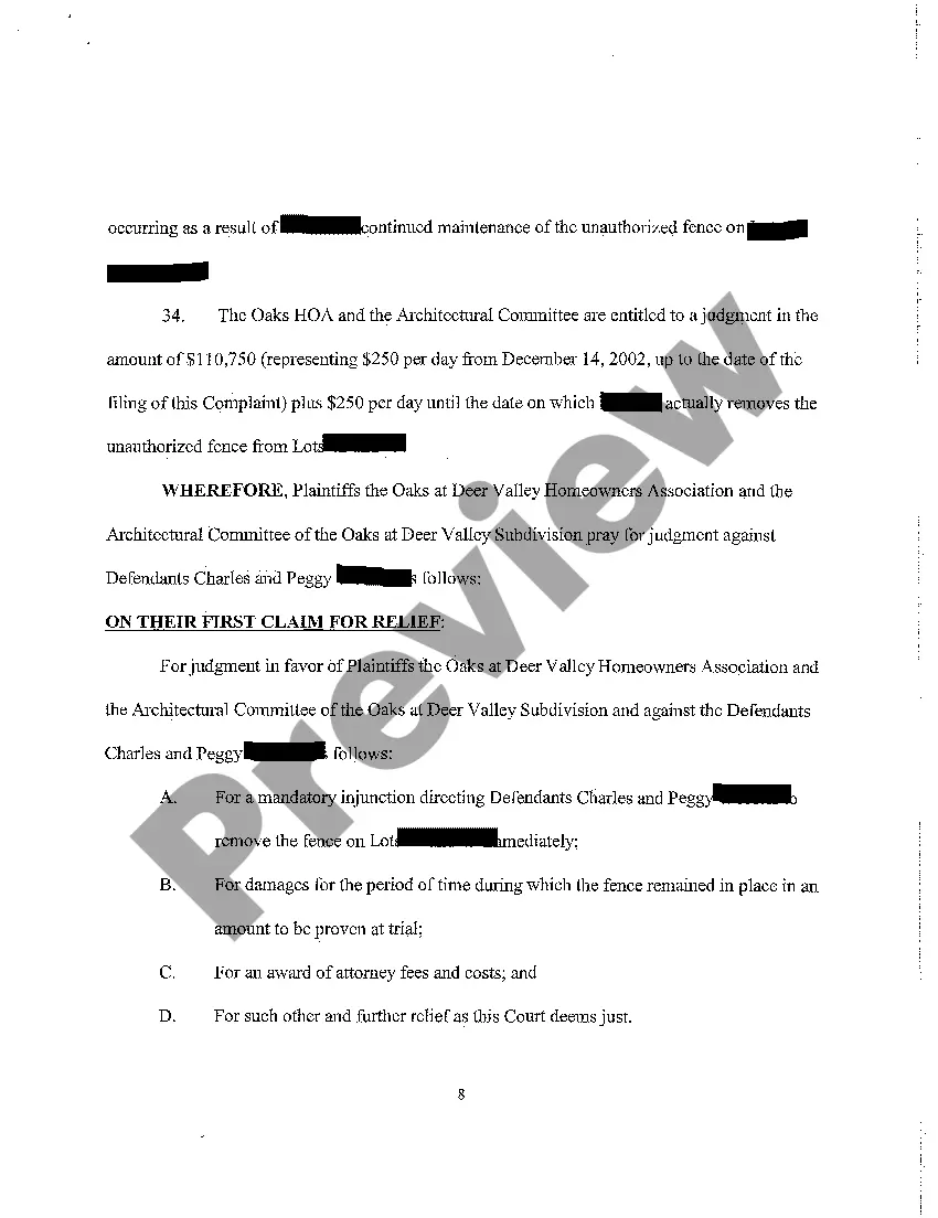 Preview A01 Complaint - Mandatory Injunction Nuisance, Breach of Homeowner's Association Covenants regarding construction of fence