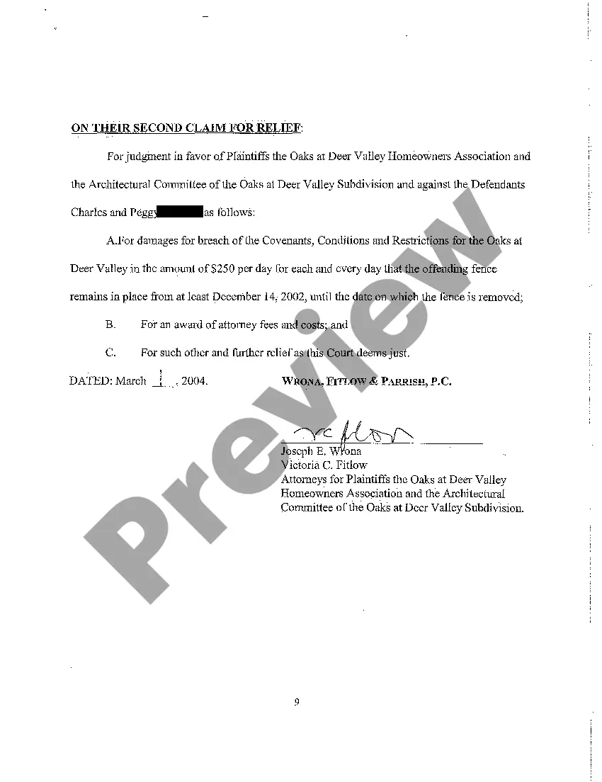 Preview A01 Complaint - Mandatory Injunction Nuisance, Breach of Homeowner's Association Covenants regarding construction of fence