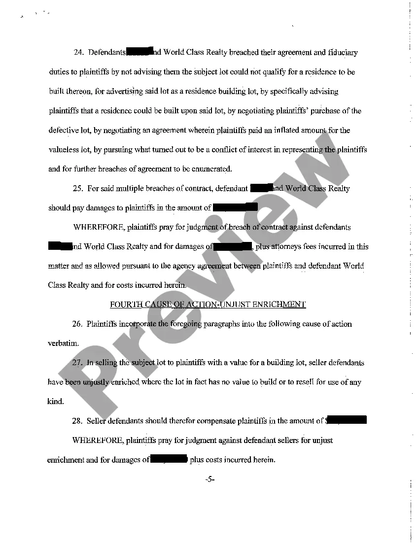 Get A01 Complaint - Against Realtors for Fraud, Mistake, Breach of Contract, Unjust Enrichment Preview A01 Complaint - Against Realtors for Fraud, Mistake, Breach of Contract, Unjust Enrichment