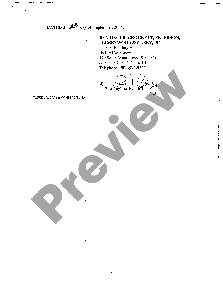 Provo Utah Complaint Abuse of Process, Slander of Title, Tortious