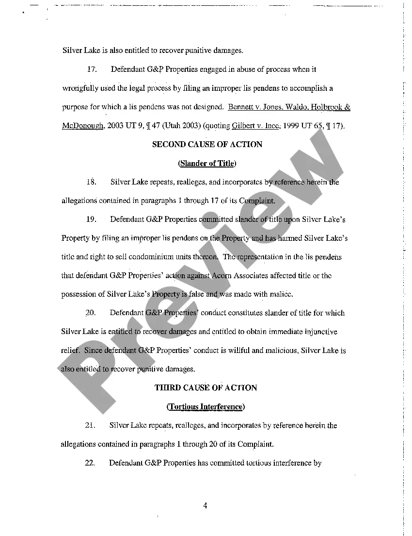 Preview A01 Complaint - Abuse of Process, Slander of Title, Tortious Interference, Preliminary and Permanent Injunction for Filing Lis Pendens