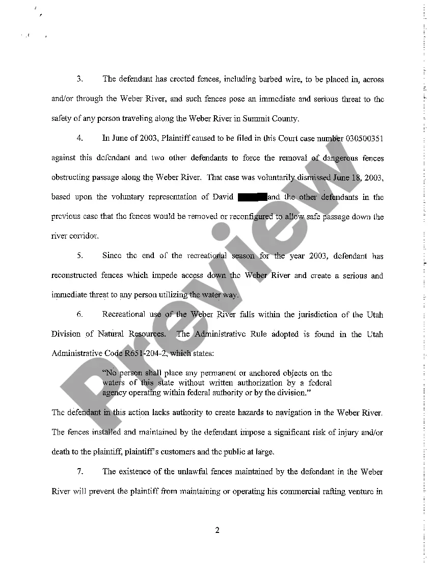 Get A01 Complaint - Injunction for Constructing Fence that Impedes River Preventing Flow of Rafters Preview A01 Complaint - Injunction for Constructing Fence that Impedes River Preventing Flow of Rafters