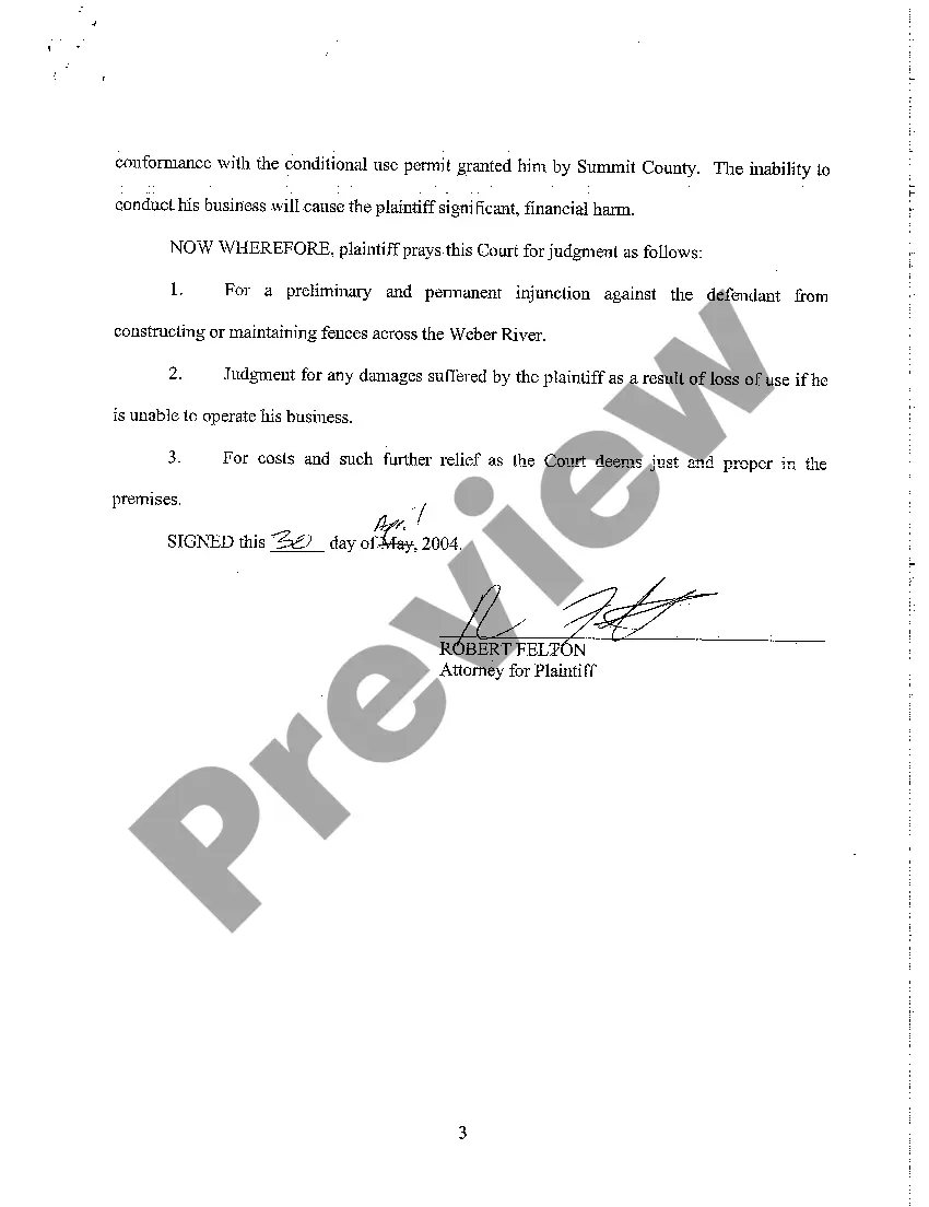 Get A01 Complaint - Injunction for Constructing Fence that Impedes River Preventing Flow of Rafters Preview A01 Complaint - Injunction for Constructing Fence that Impedes River Preventing Flow of Rafters