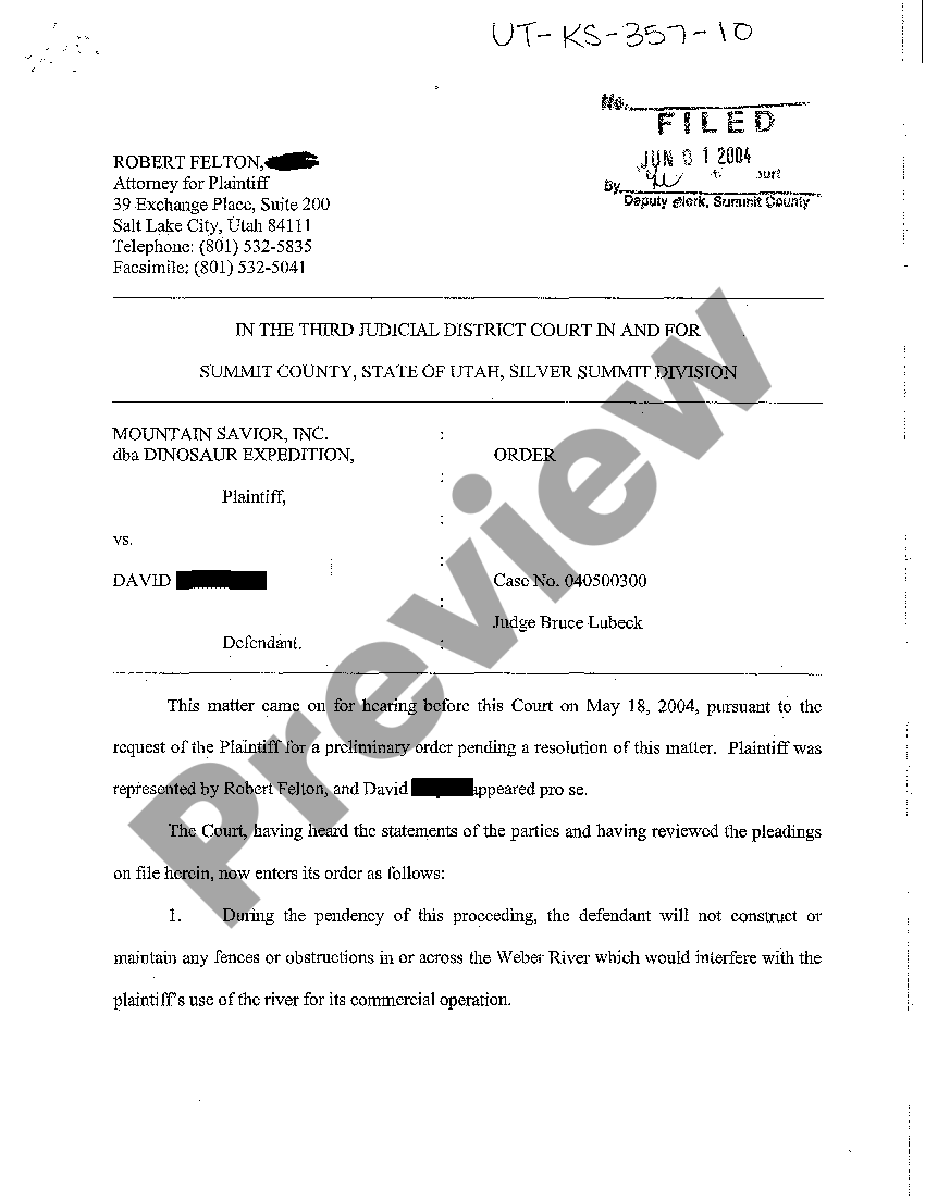 Utah Order Granting Temporary Restraining Order US Legal Forms