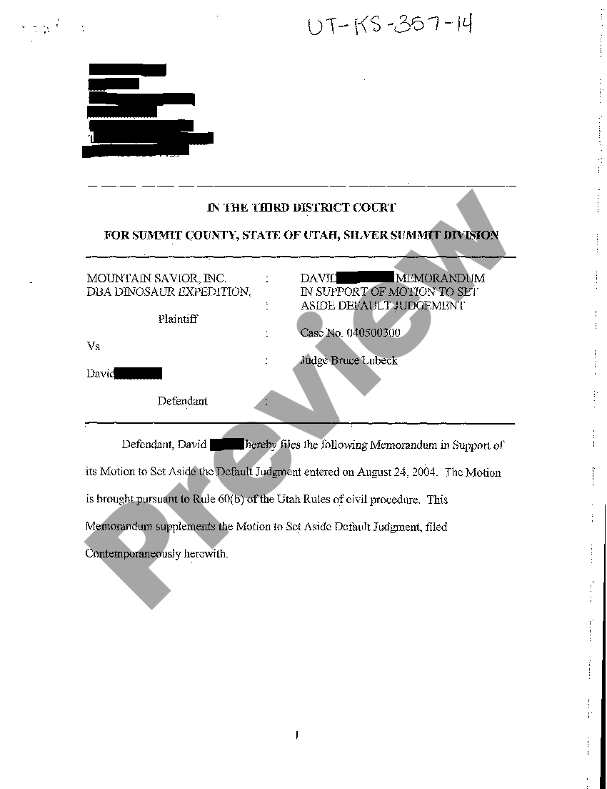 Utah Defendant's Memorandum in Support of Motion to Set Aside Default