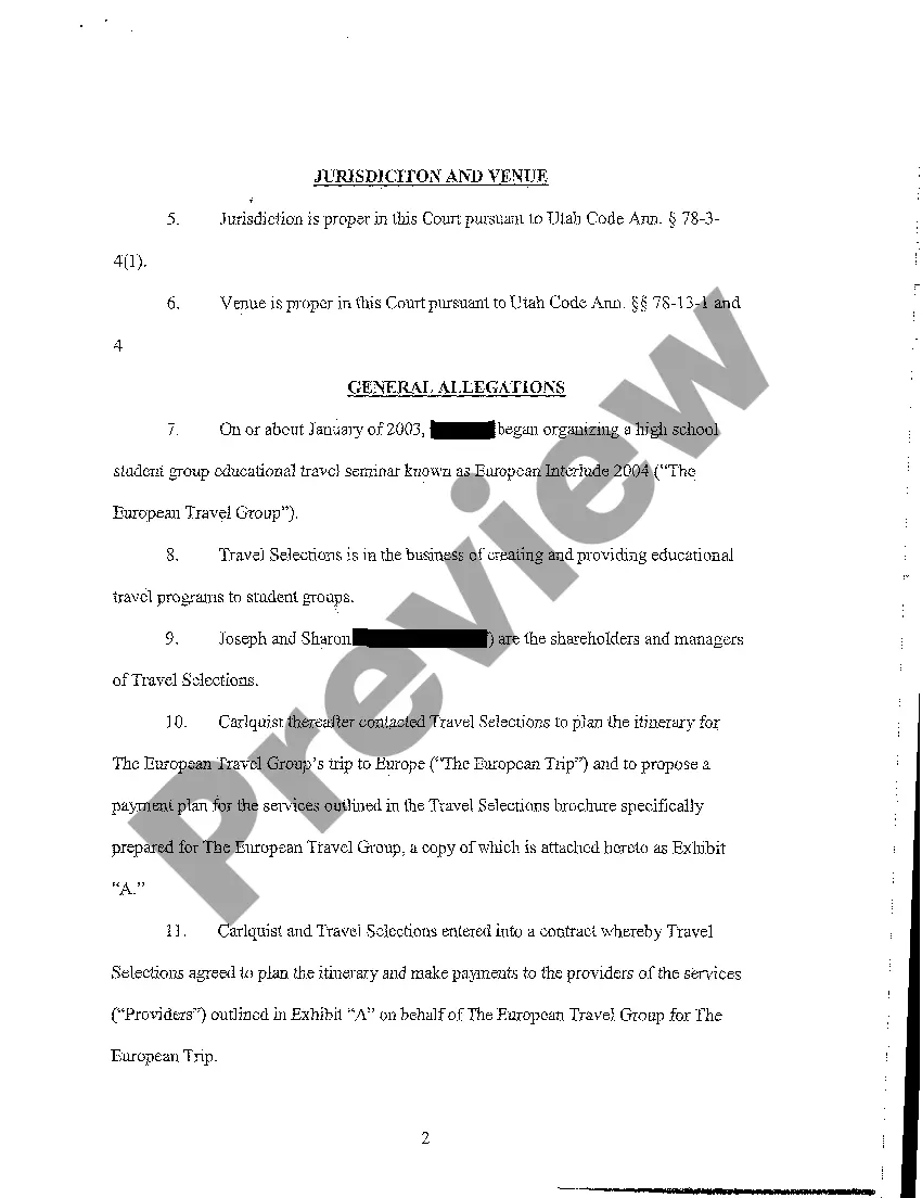 Get A01 Complaint - Breach of Contract, Conversion Against Travel Agent for school group Preview A01 Complaint - Breach of Contract, Conversion Against Travel Agent for school group