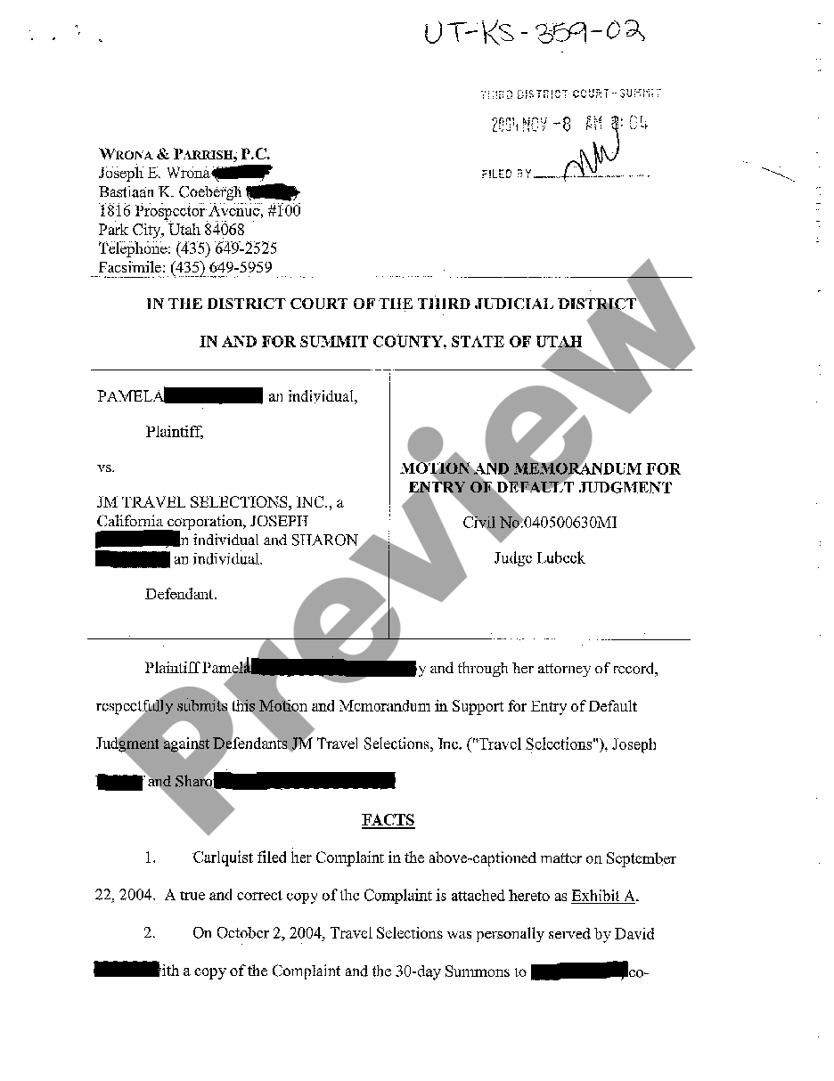 West Valley City Utah Motion and Memorandum for Entry of Default ...