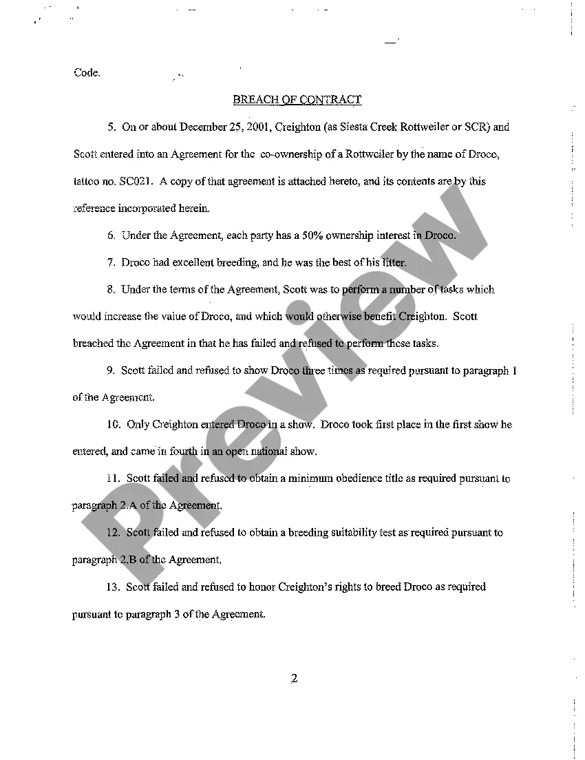 Preview A01 Complaint - Breach of Contract for an Animal, Show Dog