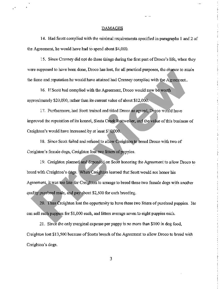 Preview A01 Complaint - Breach of Contract for an Animal, Show Dog