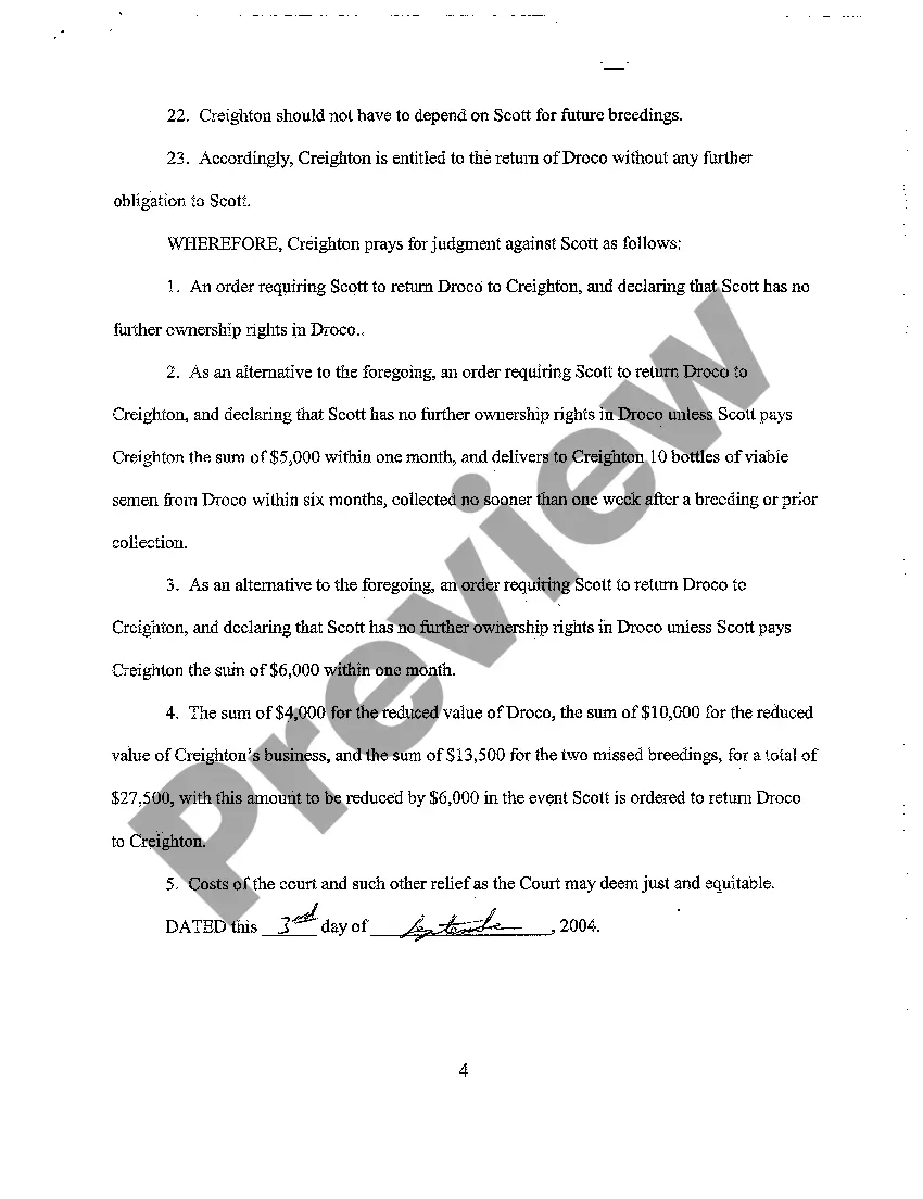 Preview A01 Complaint - Breach of Contract for an Animal, Show Dog