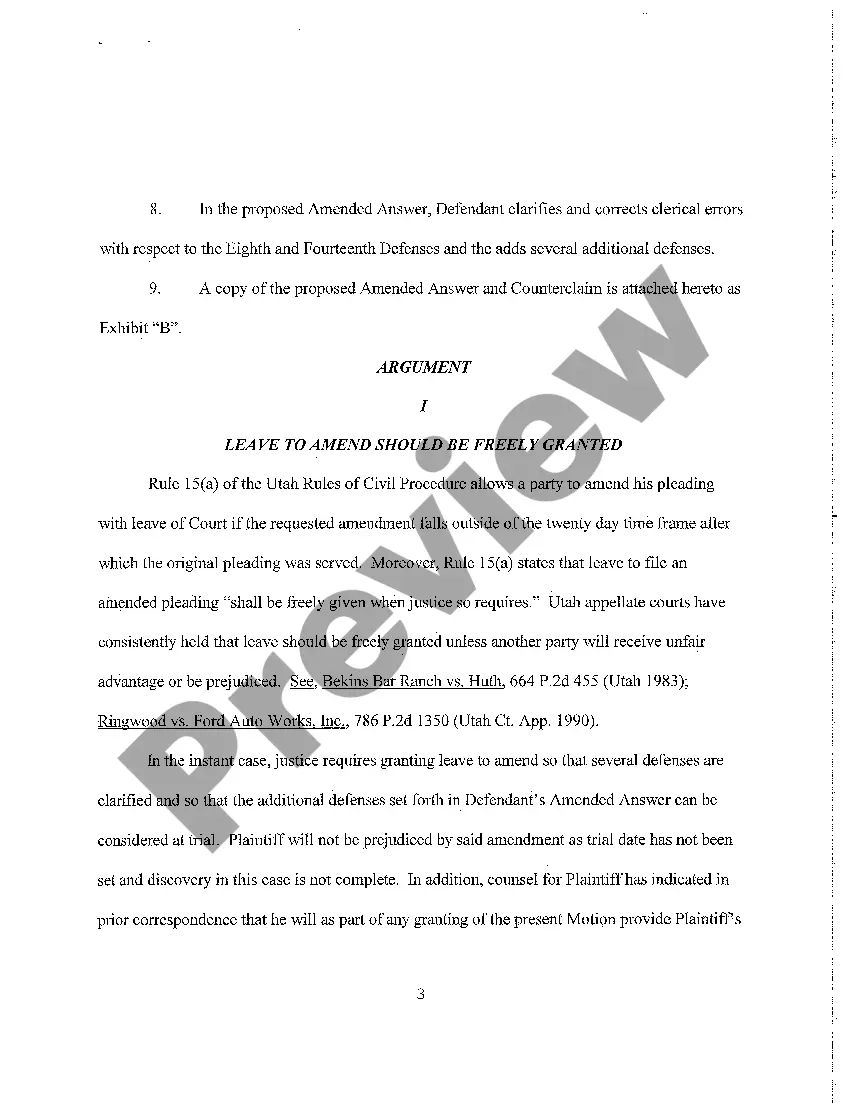 Utah Memorandum in Support of Motion to Amend Answer | US Legal Forms