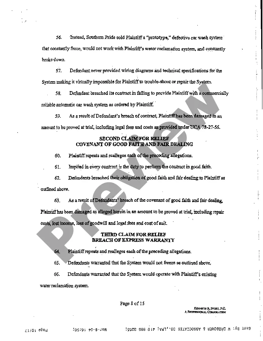 Get A01 Complaint - Breach of Contract, Covenant of Good Faith and Fair Dealing, Breach of Express and Implied Warranties Preview A01 Complaint - Breach of Contract, Covenant of Good Faith and Fair Dealing, Breach of Express and Implied Warranties