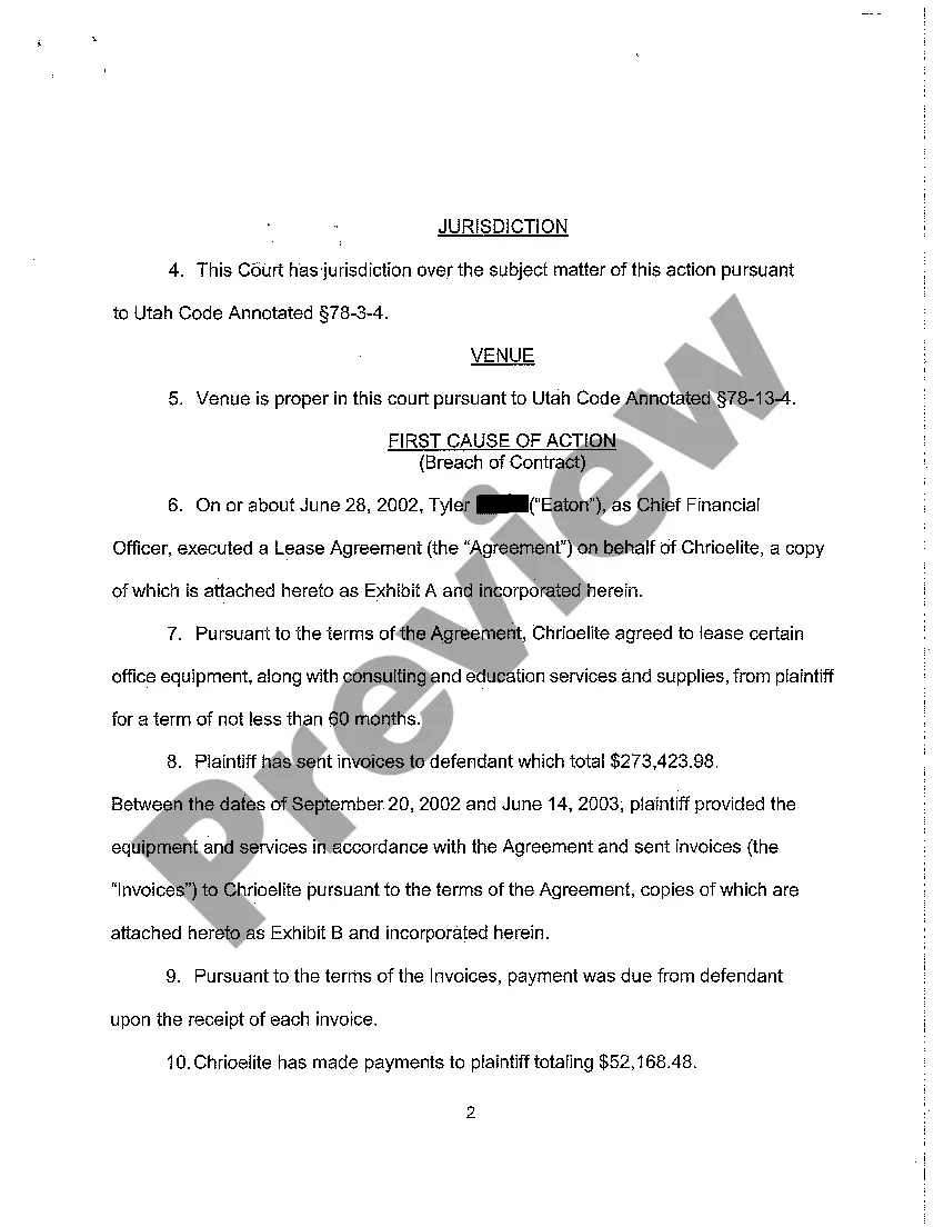 Preview A01 Complaint - Breach of Lease, Personal Guaranty, Unjust Enrichment regarding office equipment