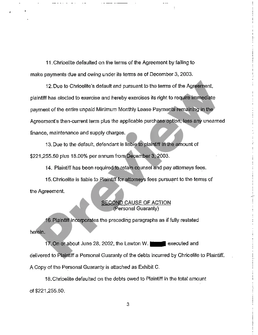 Preview A01 Complaint - Breach of Lease, Personal Guaranty, Unjust Enrichment regarding office equipment